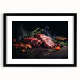 Extra large colorful art print featuring abstract textured food dishes, in a black frame with mat.