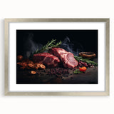 Textured abstract art print of assorted dishes in muted earth tones, framed in silver, ideal for dining room decor.