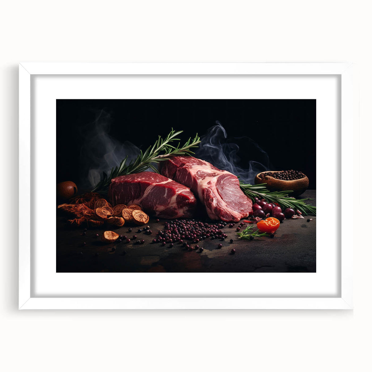 Abstract art print featuring assorted food dishes in vibrant colors on a white framed mat, ideal for dining room decor.
