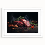 Abstract art print featuring assorted food dishes in vibrant colors on a white framed mat, ideal for dining room decor.