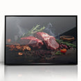 Large abstract wall art featuring assorted food dishes in mid-century modernist style on a black acrylic framed print.