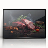 Large abstract wall art featuring assorted food dishes in mid-century modernist style on a black acrylic framed print.