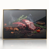 Large art print of various food dishes in mid-century modernist style, framed in acrylic with gold accents.