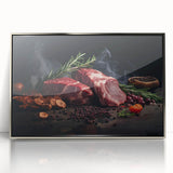 Mid-century modernist art featuring an array of stylized food dishes in muted colors, framed in silver acrylic.