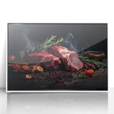 Acrylic print of various colorful food dishes in art deco style, ideal for modern kitchen decor.