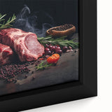 Close-up of a black framed canvas featuring colorful, textured depictions of various food dishes.