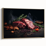 Framed canvas featuring a vintage poster of various food dishes in black and gold, suitable for bedroom wall art.