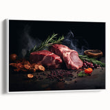 Vintage poster art of colorful food dishes on a black background, framed canvas, ideal for living room decor.