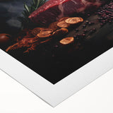 Art deco poster featuring an array of colorful food dishes on a rolled canvas, suitable for dining room decor.