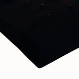 Large art of a black and white landscape painting on stretched canvas, featuring diverse food dishes.