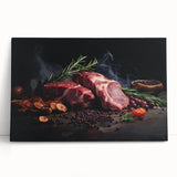 Large black and white stretched canvas featuring an array of various food dishes, ideal for kitchen wall art.