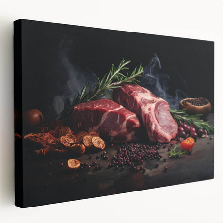 Large canvas featuring an array of illustrated international dishes in vibrant colors, ideal for kitchen wall art.