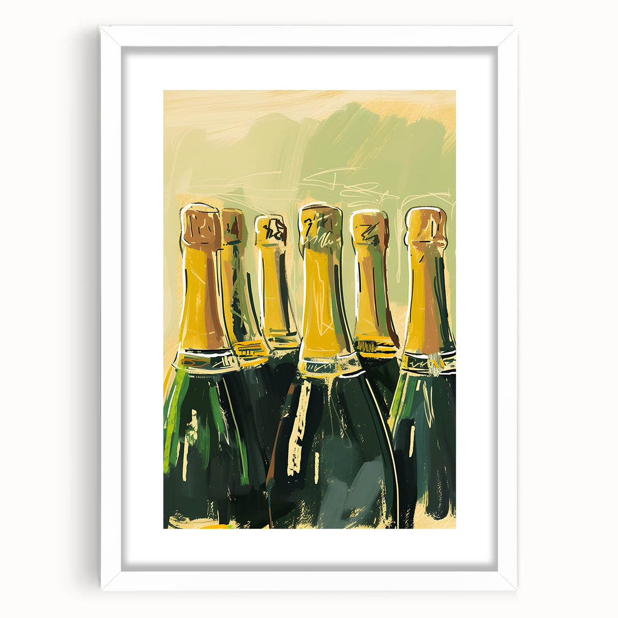 Abstract art print of assorted fruits in vibrant colors, framed with a white mat, suitable for dining room decor.