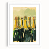 Abstract art print of assorted fruits in vibrant colors, framed with a white mat, suitable for dining room decor.