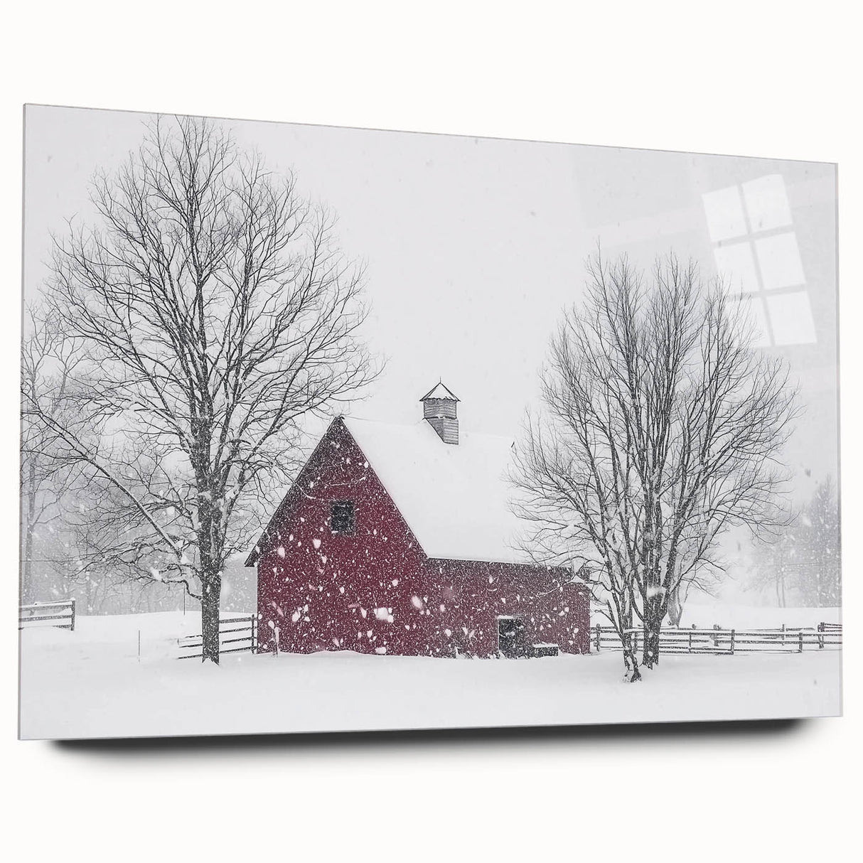 A side view of a landscape barn design printed on acrylic glass, showcasing vibrant colors and intricate details, ideal for modern home decor.