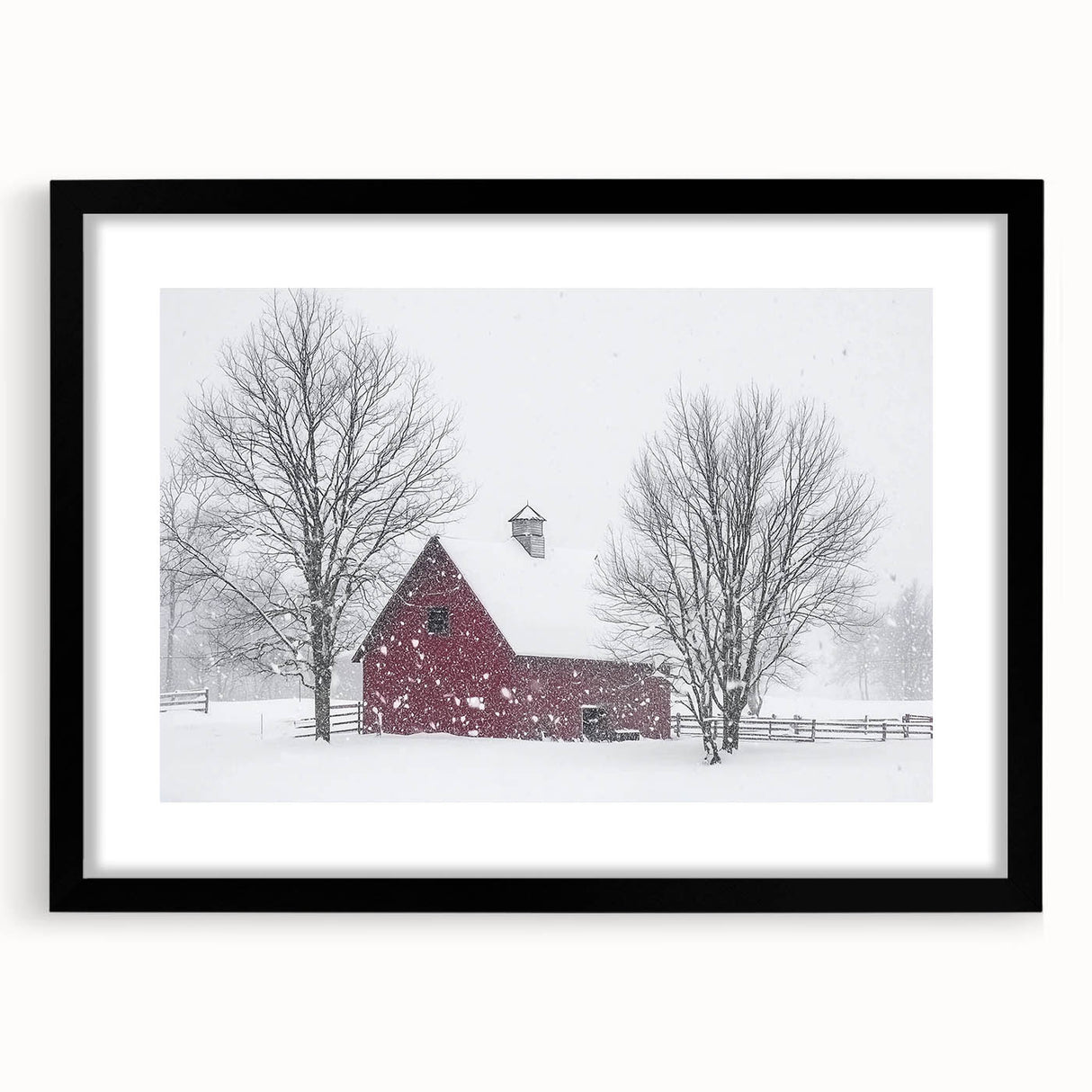Black-framed barn landscape design showcasing a rustic, serene scene with a mat, perfect for home decor. Ideal for enhancing farmhouse aesthetics and cozy interiors.