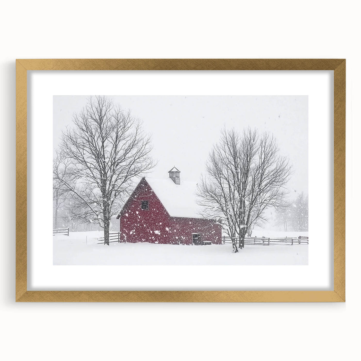 Front view of a landscape barn frame with a gold mat, showcasing a rustic design perfect for home decor, highlighting its elegant finish and sturdy construction.