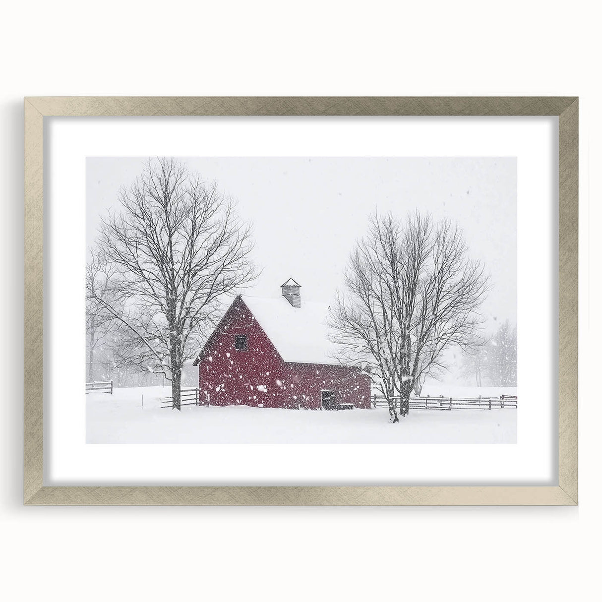 Silver-framed landscape barn art print showcasing a picturesque rural scene, elegantly matted for a refined look. Perfect for home decor enthusiasts.