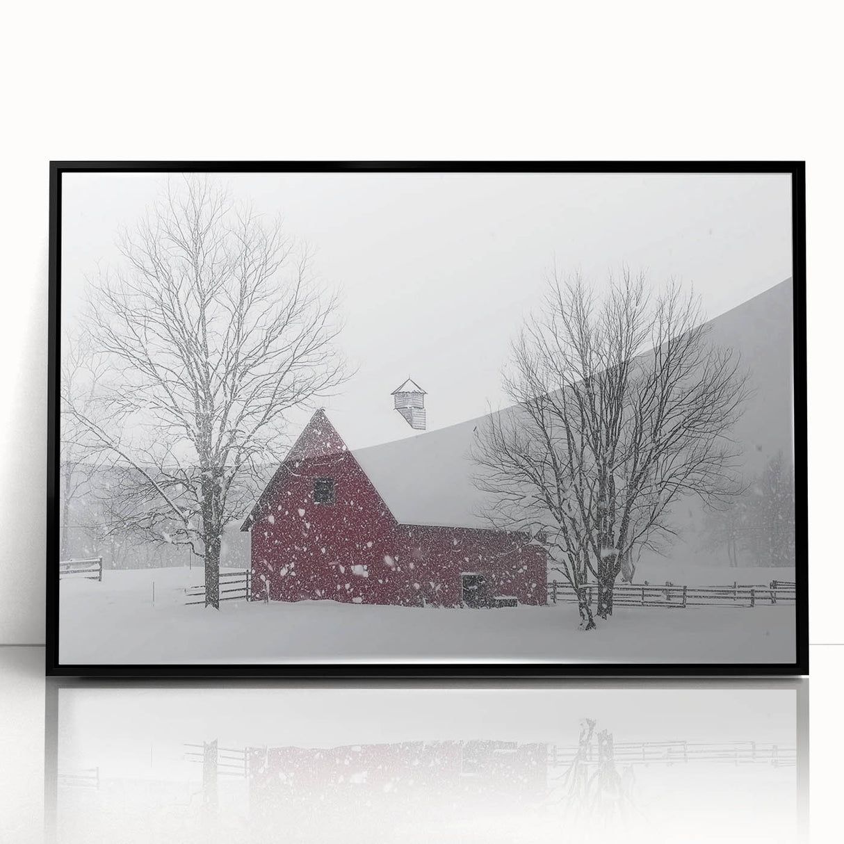 Framed acrylic landscape artwork showcasing a picturesque barn scene, featuring rich colors and intricate details, ideal for enhancing home decor with rustic charm.