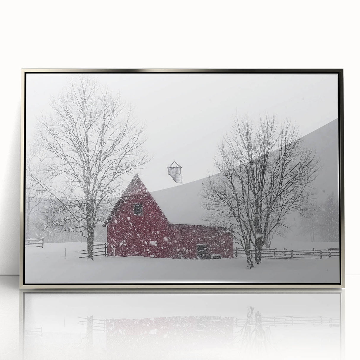 Framed acrylic landscape artwork showcasing a serene barn scene with silver accents, ideal for enhancing home décor and adding rustic charm. Perfect for art enthusiasts and interior design lovers.