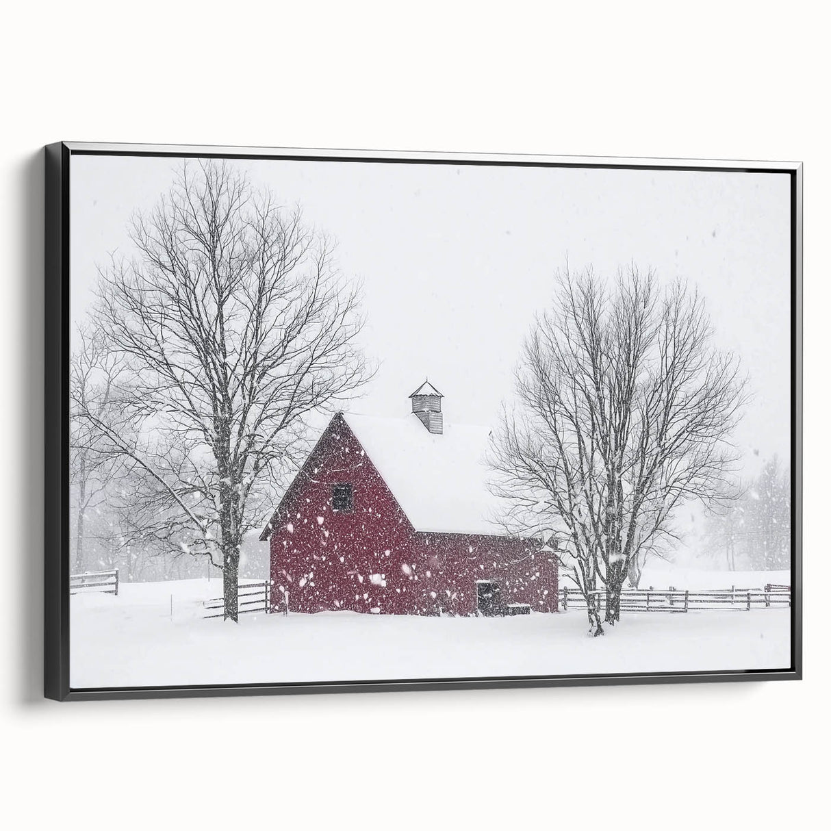 Landscape barn-framed canvas showcasing a rustic black design, highlighting its elegant side profile and textured surface, perfect for home decor enhancement.