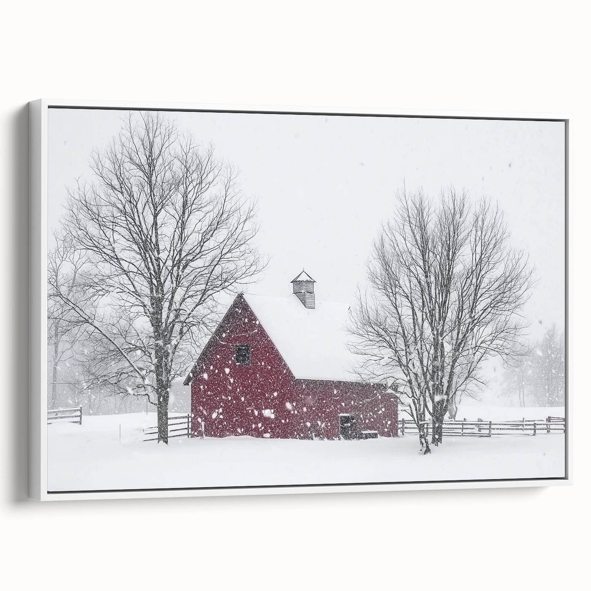Landscape barn-framed canvas showcasing a serene rural scene with a white frame, ideal for home decor or art enthusiasts, emphasizing rustic charm and nature.