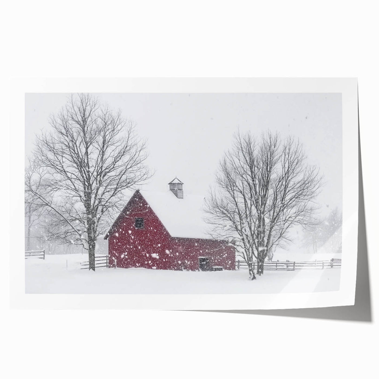 Rolled print showcasing a vibrant landscape design featuring a rustic barn surrounded by lush greenery, elegantly packaged in a protective cardboard tube for easy storage and display.