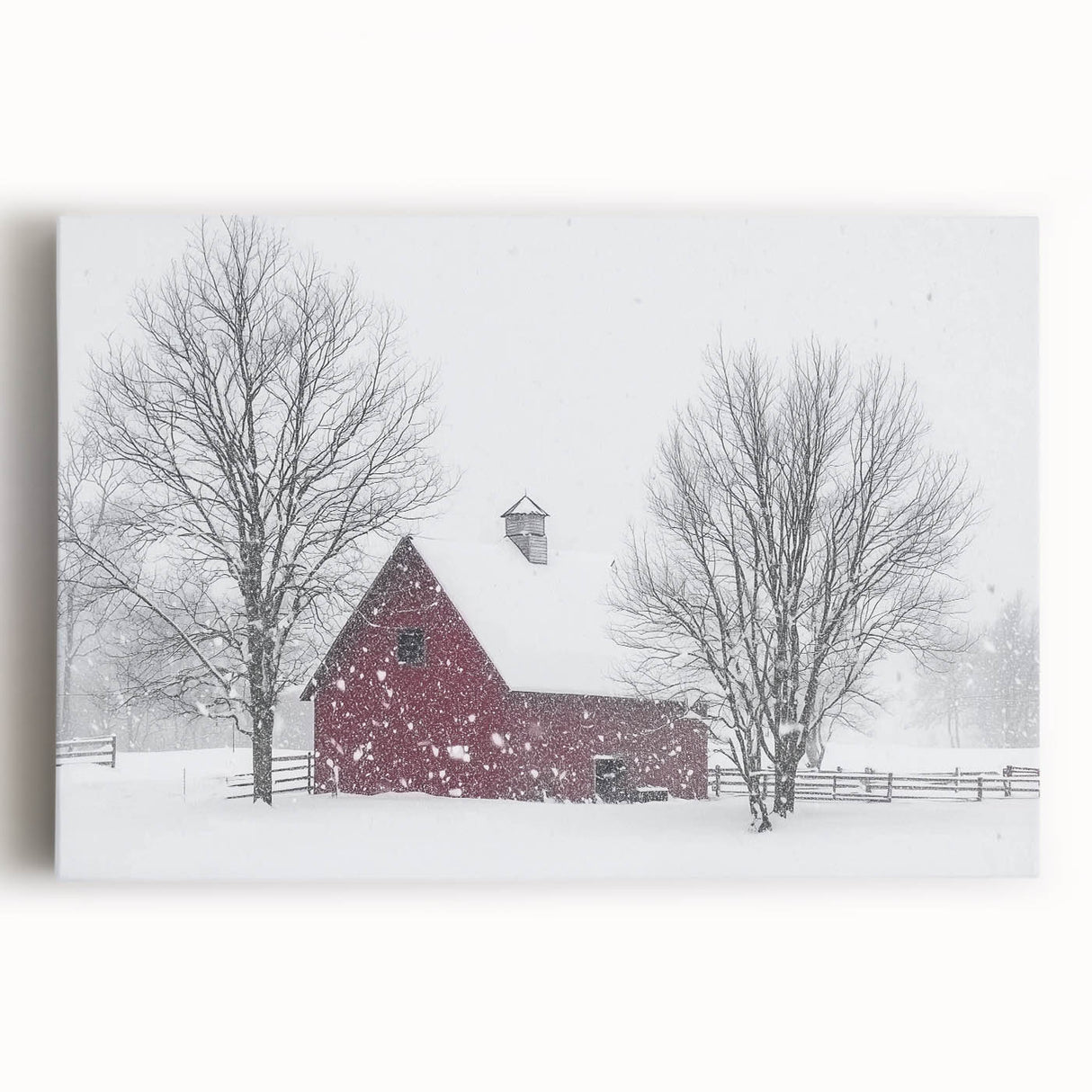 Stretched canvas displaying a vibrant landscape barn scene with rich colors and intricate details, ideal for enhancing rustic home decor and art collections.