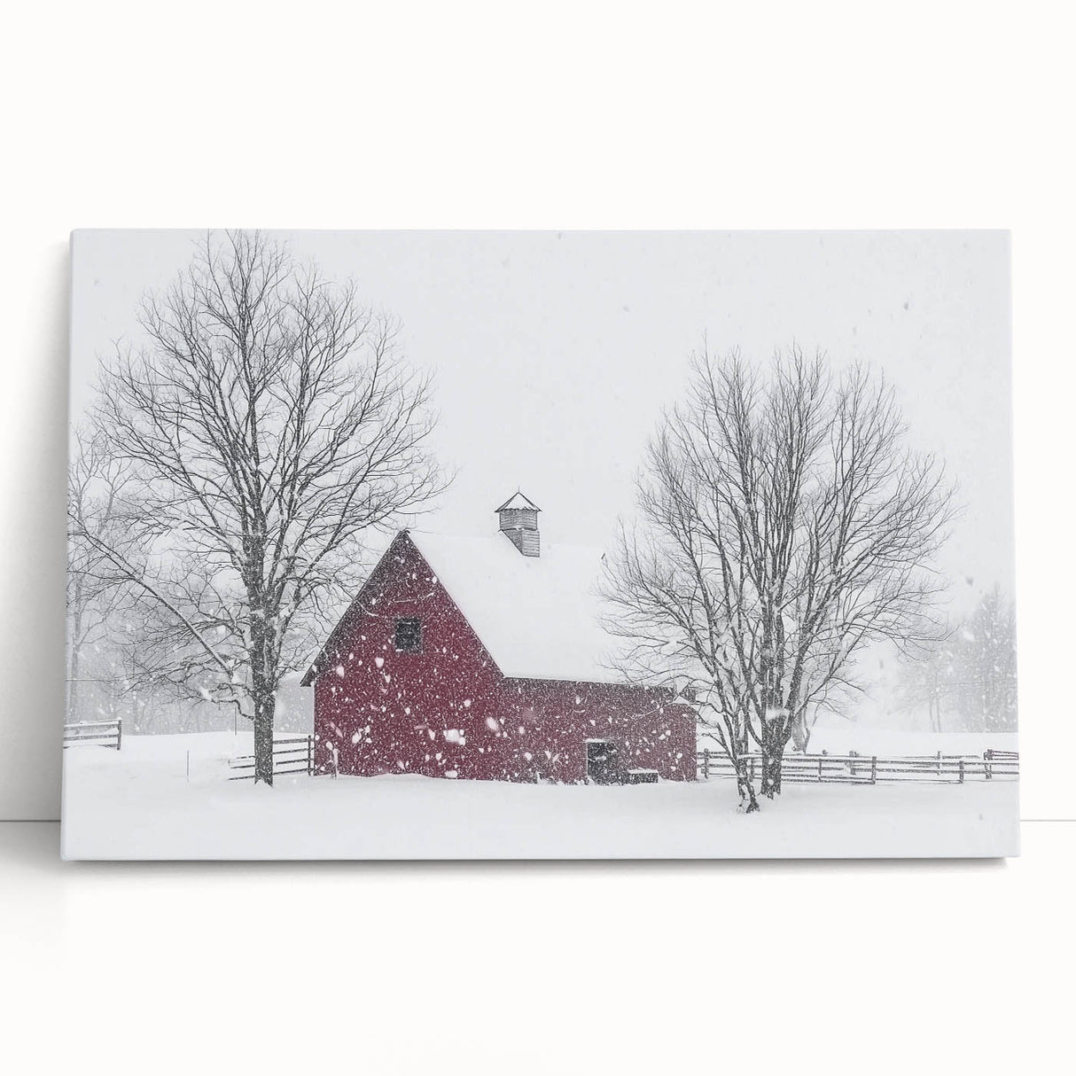 Stretched canvas artwork depicting a serene landscape with a rustic barn, featuring vibrant colors and detailed textures, perfect for home decor and art enthusiasts.