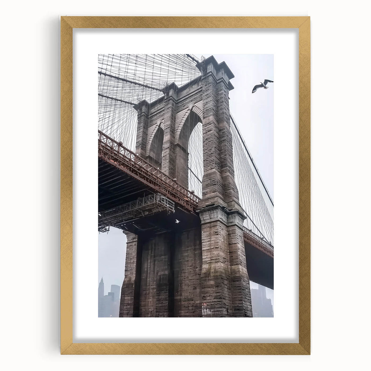 Elegant gold-framed landscape bridge design with a mat, showcasing intricate details and a modern aesthetic, perfect for home decor enhancement and art enthusiasts.