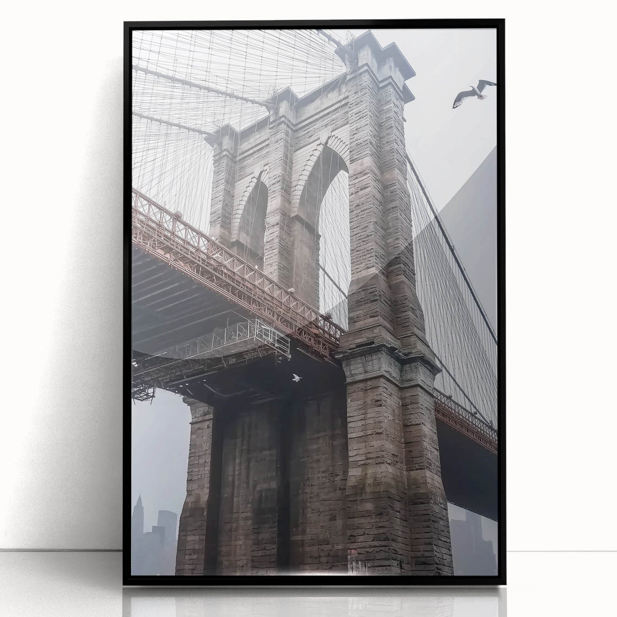 Framed acrylic artwork of a landscape bridge scene, showcasing vibrant colors and intricate details, set against a black frame, perfect for home decor.
