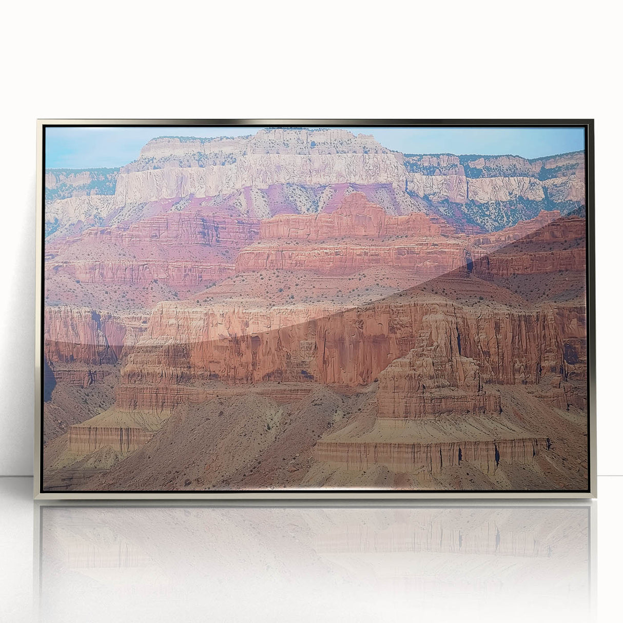 Framed acrylic artwork showcasing an abstract landscape of canyons in vibrant colors, perfect for modern home decor, enhancing any living space with its striking design.