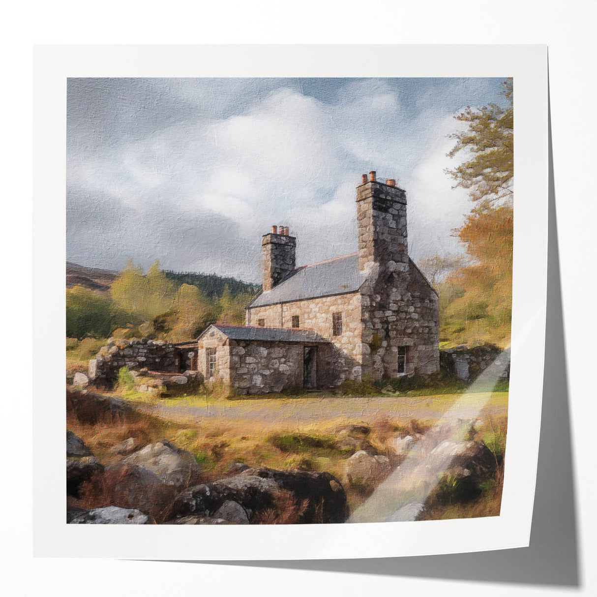 Serene landscape wall art print showcasing vibrant green fields under a clear blue sky, elegantly displayed in a glossy finish, perfect for home decor.