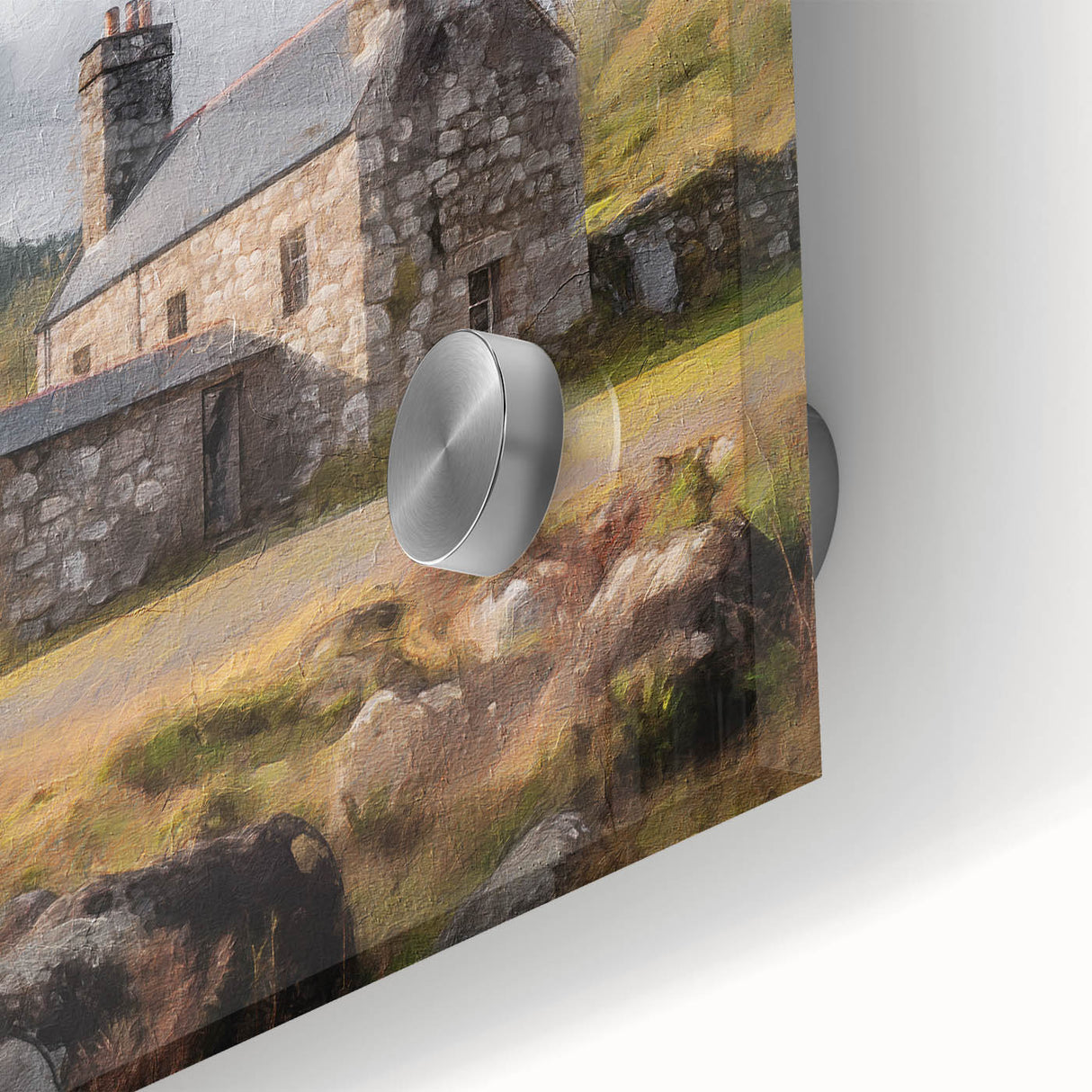 Close-up of vibrant landscape countryside wall art featuring colorful acrylic and glass textures, ideal for home decor and interior design enhancement.