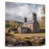 Landscape wall art depicting a serene countryside scene, showcasing vibrant green fields and a clear blue sky, presented in a sleek acrylic glass frame.