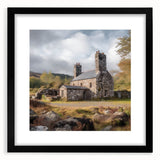 Black-framed landscape wall art featuring a serene countryside scene, elegantly matted for a refined look, ideal for home decor and enhancing interior aesthetics.