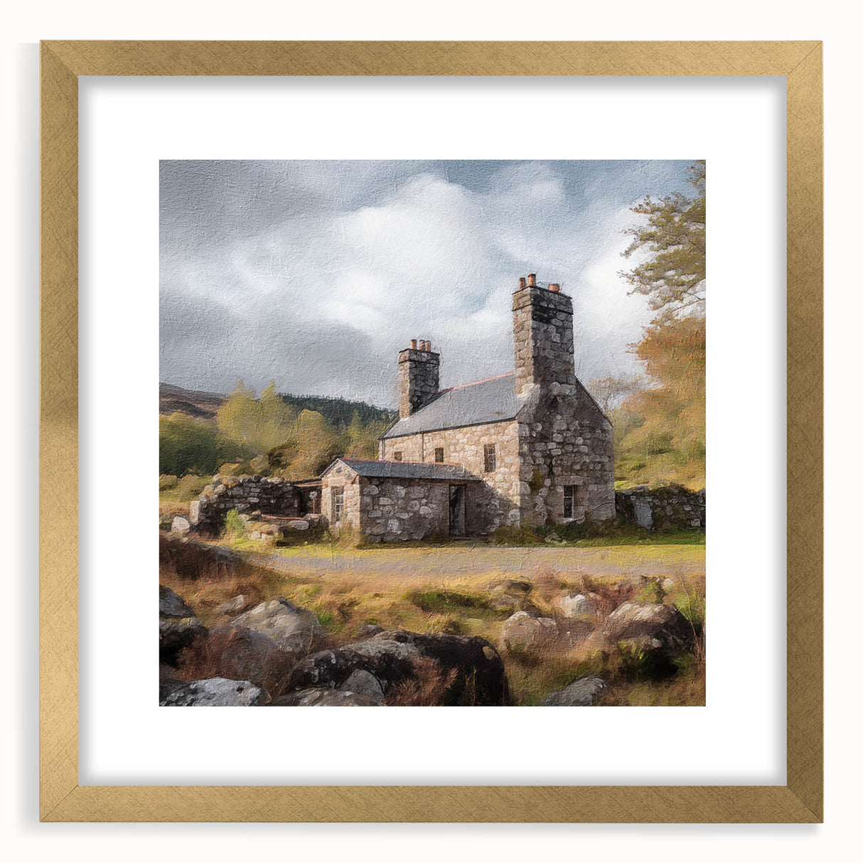 Framed landscape wall art depicting a serene countryside scene with soft greens and gold accents, elegantly bordered with a mat, ideal for home decor.
