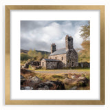 Framed landscape wall art depicting a serene countryside scene with soft greens and gold accents, elegantly bordered with a mat, ideal for home decor.