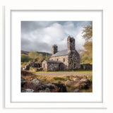 Framed landscape wall art showcasing a serene countryside scene with vibrant greenery and a clear blue sky, presented in a sleek white mat for an elegant touch.