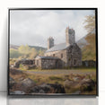 Framed acrylic wall art depicting a serene countryside landscape, featuring vibrant greens and soft blues, showcased in a sleek black frame, perfect for home decor.
