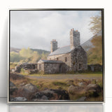 Framed landscape wall art showcasing a serene countryside scene with vibrant greens and blues, featuring a sleek silver-acrylic front for a modern touch.
