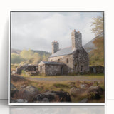 Framed acrylic wall art depicting a vibrant landscape of rolling countryside hills under a blue sky, featuring lush greenery and a serene atmosphere, ideal for home decor.