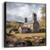 Framed canvas wall art showcasing a serene countryside landscape in soft greens and blues, presented in a sleek black frame, ideal for home decor.