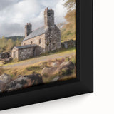 Framed canvas wall art depicting a serene countryside landscape with vibrant green fields, rolling hills, and a clear blue sky, enhancing home decor with natural beauty.