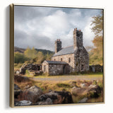 Framed landscape wall art depicting a serene countryside scene with rich green fields and a soft sunset, accented by elegant silver and gold framing.