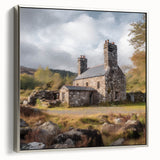 Framed canvas wall art depicting a serene countryside landscape, featuring vibrant greens and calming blues, showcased in a sleek silver frame, ideal for home decor.
