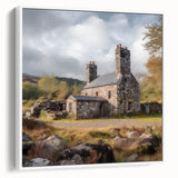 Framed canvas wall art depicting a serene countryside landscape, showcasing lush greenery and rolling hills in soft pastel tones, perfect for home decor.