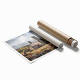 Landscape countryside wall art rolled print showcasing vibrant green fields, a serene blue sky, and distant mountains, ideal for home decor.