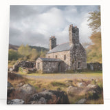 Landscape wall art featuring a serene countryside scene with rolling hills and a vibrant sunset, printed on stretched canvas, perfect for home decor.