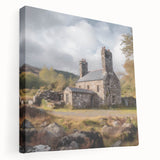 Stretched canvas wall art showcasing a serene countryside landscape with vibrant green fields and a clear blue sky, perfect for home décor.